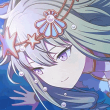 a drawing of a girl with purple eyes and a flower on her head