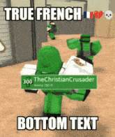 a video game character with the words true french bottom text on the bottom
