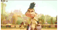 a cartoon character is standing on a baseball field holding a baseball glove and making a funny face .