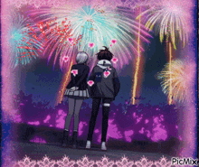 a boy and a girl watching fireworks with hearts on their backs by picmix
