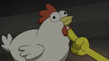 a cartoon chicken with a yellow finger pointing at it