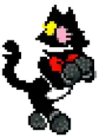 a pixel art of a black and white cat with a red bow tie and a yellow eye .