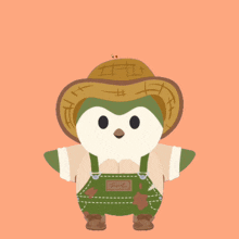 a cartoon owl wearing overalls and a hat says yaaay!