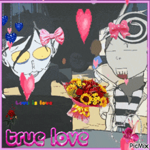 a picture of two cartoon characters with flowers and the words true love