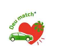 a logo for deu match with a green car and a heart