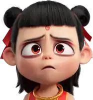 a close up of a cartoon character with a swirl on his forehead
