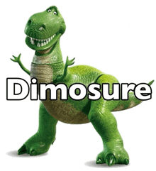 a green toy dinosaur with the word dimisure written on it