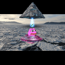 a cartoon of a pink frog in a flying saucer with a pyramid behind it