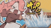 a cartoon drawing of a girl with pink hair and the words dunk on the bottom