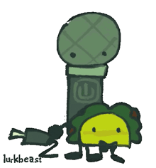 a cartoon drawing of a microphone with a yellow face and the name lukbeast below it