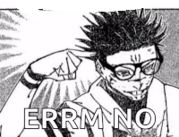 a black and white drawing of a man with spiky hair and glasses .