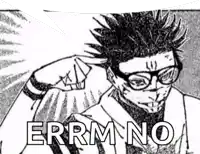 a black and white drawing of a man with spiky hair and glasses .
