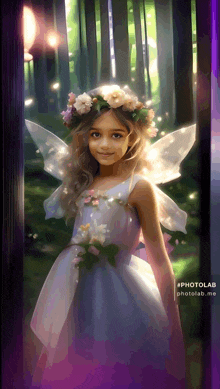 a little girl dressed as a fairy with wings and a flower crown on her head