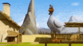 a cartoon chicken standing on a wooden fence