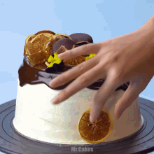 a person 's hand is reaching for an orange slice on a cake that says mr.cakes on the bottom