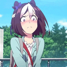 a girl with purple hair and a bow on her head
