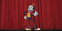 a cartoon character is standing in front of a red curtain and giving a peace sign