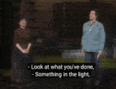 a man and a woman are standing next to each other with a caption that says let me give to you something in return