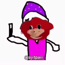 a drawing of a red monkey wearing a purple hat and a pink shirt
