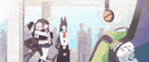 a group of anime girls are standing next to each other in a crowd .