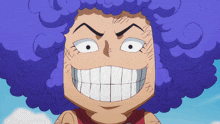 a cartoon character with a big smile and a purple afro
