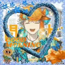 a picture of a boy in a heart with the words good morning written on it