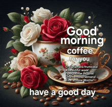 a poster that says good morning coffee for you and has roses and coffee beans