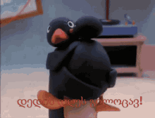 a cartoon of two penguins hugging each other with the words " congratulations ! " in red