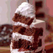 a slice of chocolate cake with whipped cream and strawberries on top
