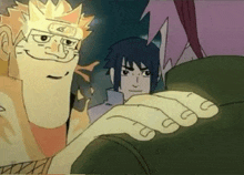 a cartoon of naruto and sasuke standing next to each other with their hands on each other .