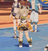 a group of cartoon characters are standing on a basketball court