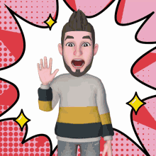 a cartoon character with a surprised look on his face waves his hand