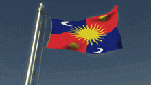 a red and blue flag with a yellow sun and crescent moon on it