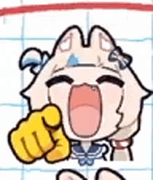 a cartoon character is holding a yellow fist in front of her face .