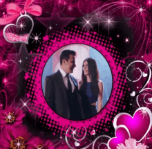 a picture of a man and woman in a pink frame with hearts