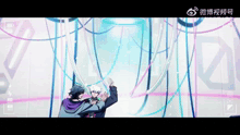 a couple of anime characters are standing next to each other in a room with a lot of wires hanging from the ceiling .
