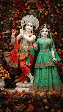 a statue of krishna and radha standing next to each other in front of a wall of flowers