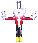 a pixel art drawing of a cartoon character with a purple head and arms .