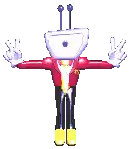 a pixel art drawing of a cartoon character with a purple head and arms .