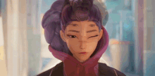 a cartoon girl with purple hair is making a funny face while wearing a red hoodie .