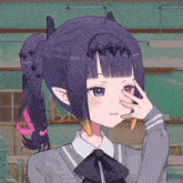 a drawing of a girl with purple hair and a ponytail