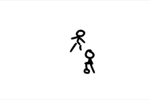 a drawing of stick figures on a white background with a red arrow pointing down