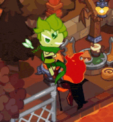 a cartoon character with green hair is standing next to a red character