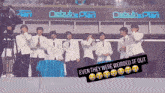 a group of men standing in front of a sign that says " debut 's plan "