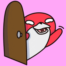 a cartoon drawing of a red and white animal with a beard standing behind a door