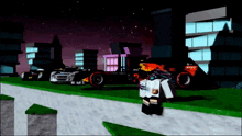 a person in a video game is standing next to a red bull car