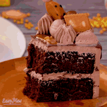 a slice of chocolate cake on a plate with easy plus written on the bottom