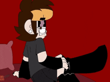 a cartoon of a person sitting on a bed with the letters gg on the bottom left