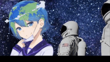 a girl with a mask on her face is standing next to a man in a space suit .