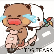 a cartoon of two bears riding a scooter and one is crying .